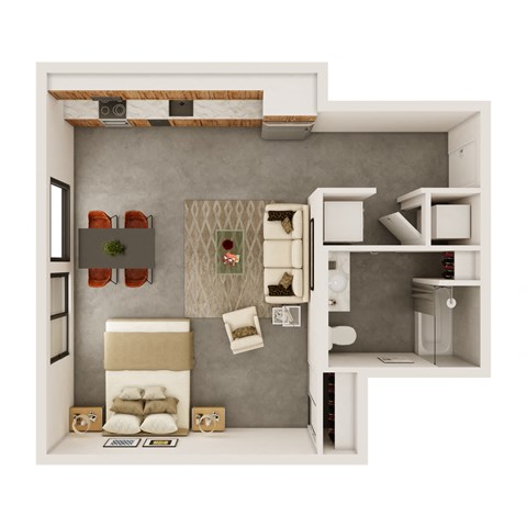 Floor plan for studio, 1 bath, 627 sqft